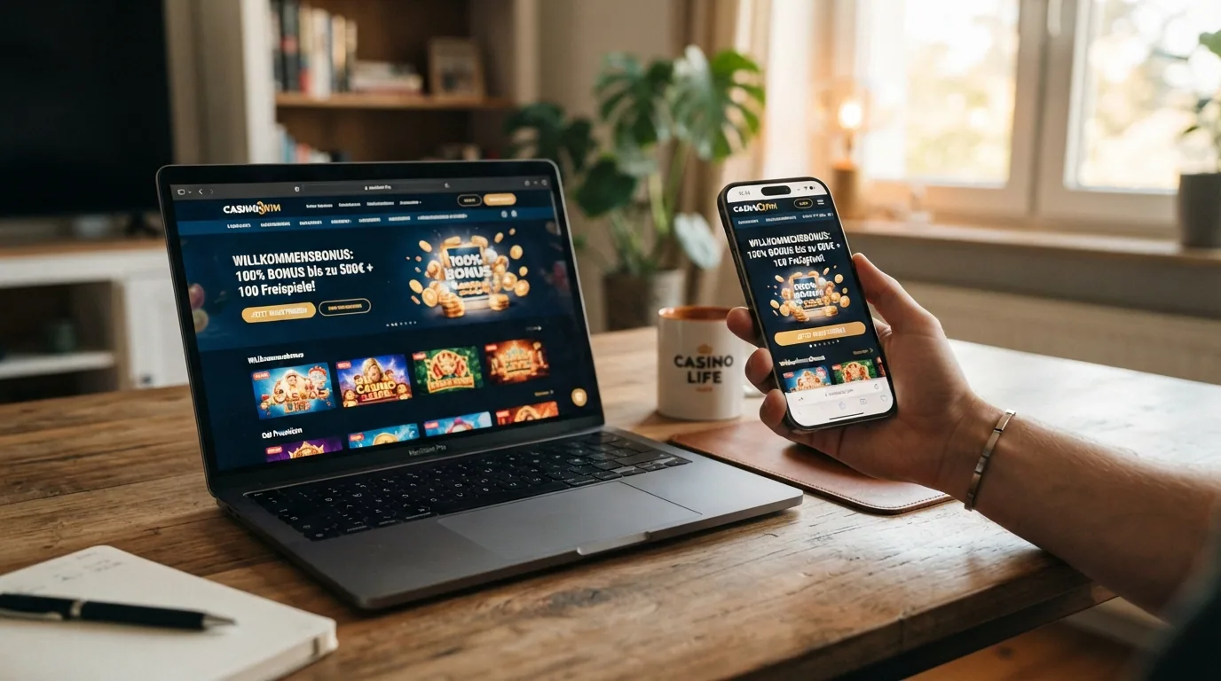 Ein Smartphone in der Hand, auf dem Bildschirm ein Casino-Willkommensbonus — daneben dasselbe Angebot auf einem Laptop-Bildschirm, beide identisch