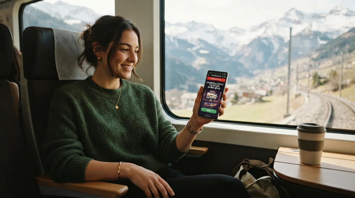 Ein Smartphone in der Hand mit geöffneter Casino-Web-App und sichtbarem Freispiel-Zähler auf dem Display