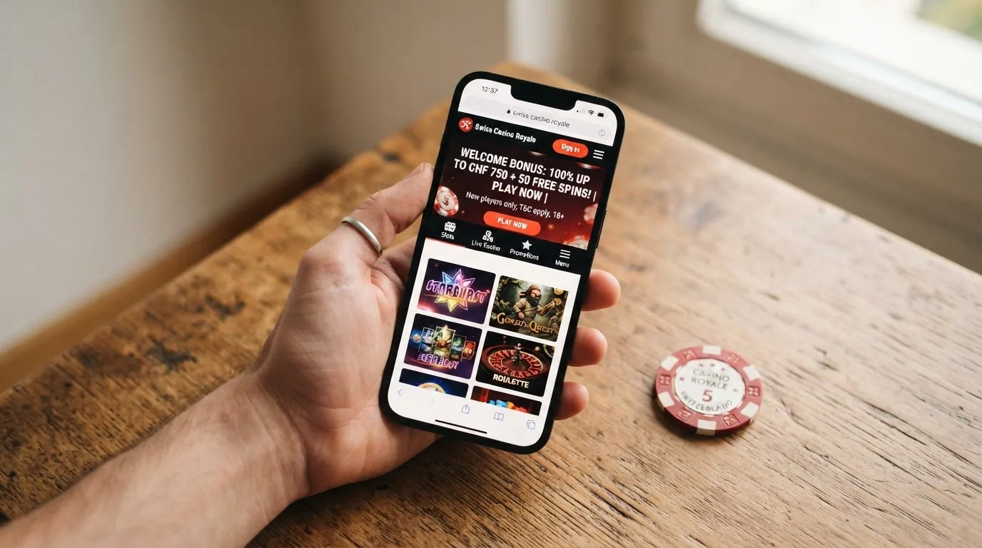 Smartphone in der Hand mit geöffneter Casino-Website und Einzahlungsbonus-Bildschirm
