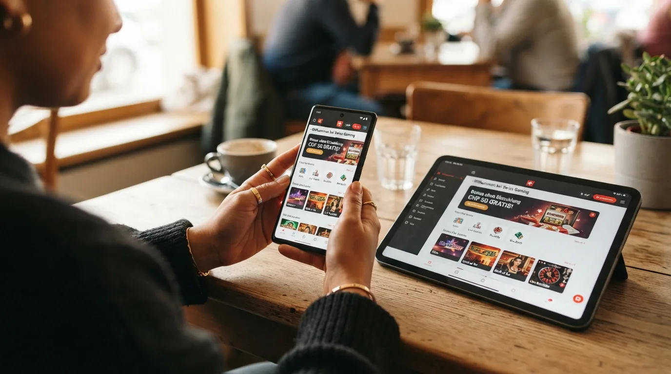 Eine Hand hält ein Smartphone mit einer Schweizer Casino-Website im mobilen Browser, daneben ein Tablet mit derselben Ansicht