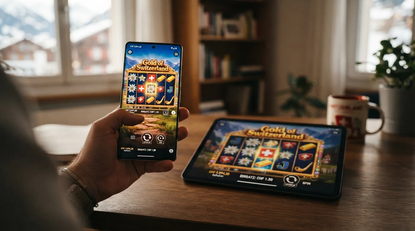 Ein Smartphone in der Hand mit einer offenen Casino-App, im Hintergrund schemenhaft eine Tablet-Ansicht derselben App.