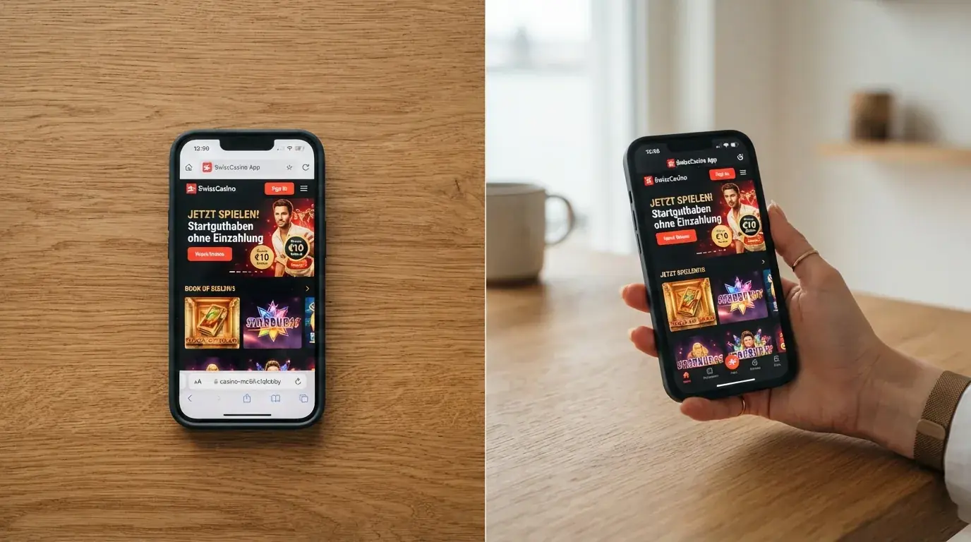 Ein Smartphone mit geöffnetem Mobile-Browser-Casino (linke Hälfte) und eine native Casino-App-Oberfläche (rechte Hälfte) im direkten Nebeneinander