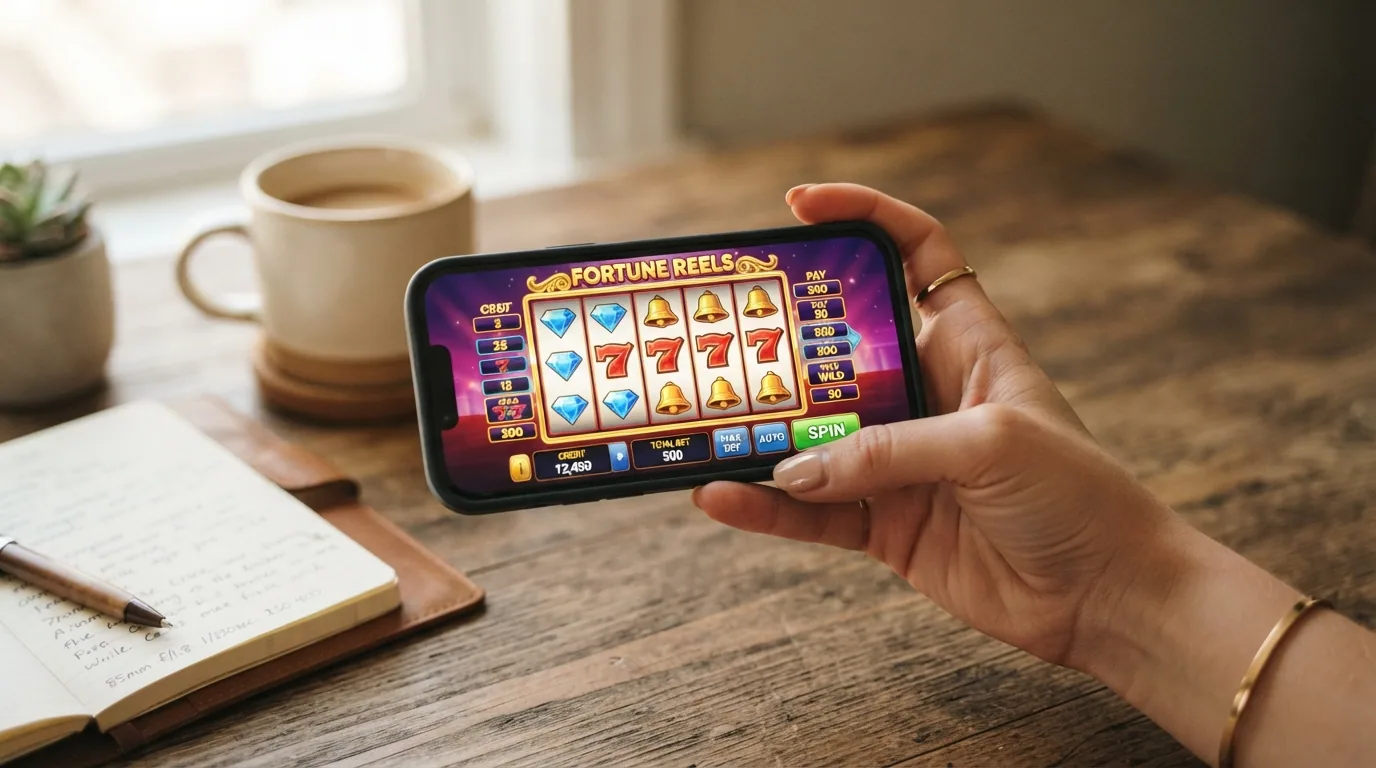 Ein Smartphone im Querformat zeigt einen Spielautomaten im mobilen Browser, kein App-Icon sichtbar