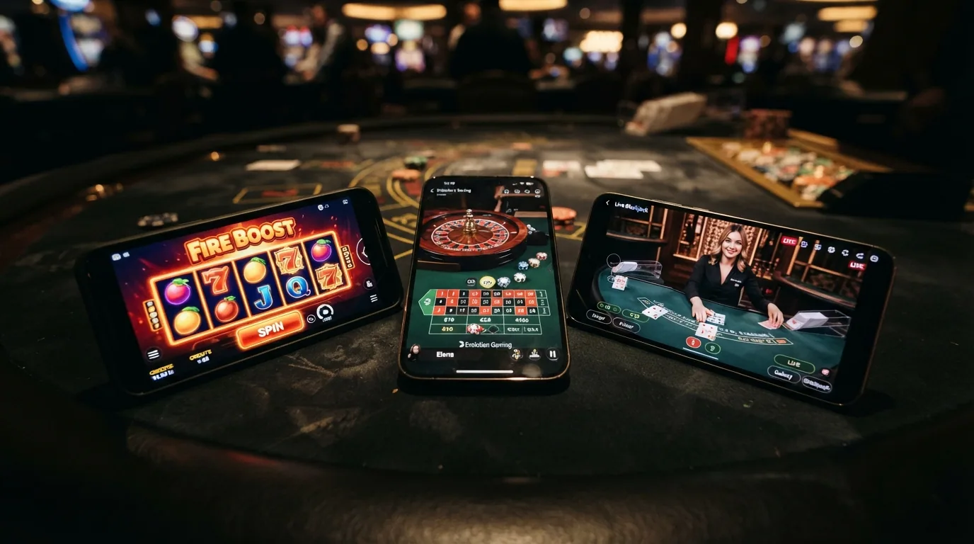 Drei Smartphones zeigen verschiedene Casino-Spiele: ein Slot, ein Roulette-Tisch, ein Live-Dealer-Stream