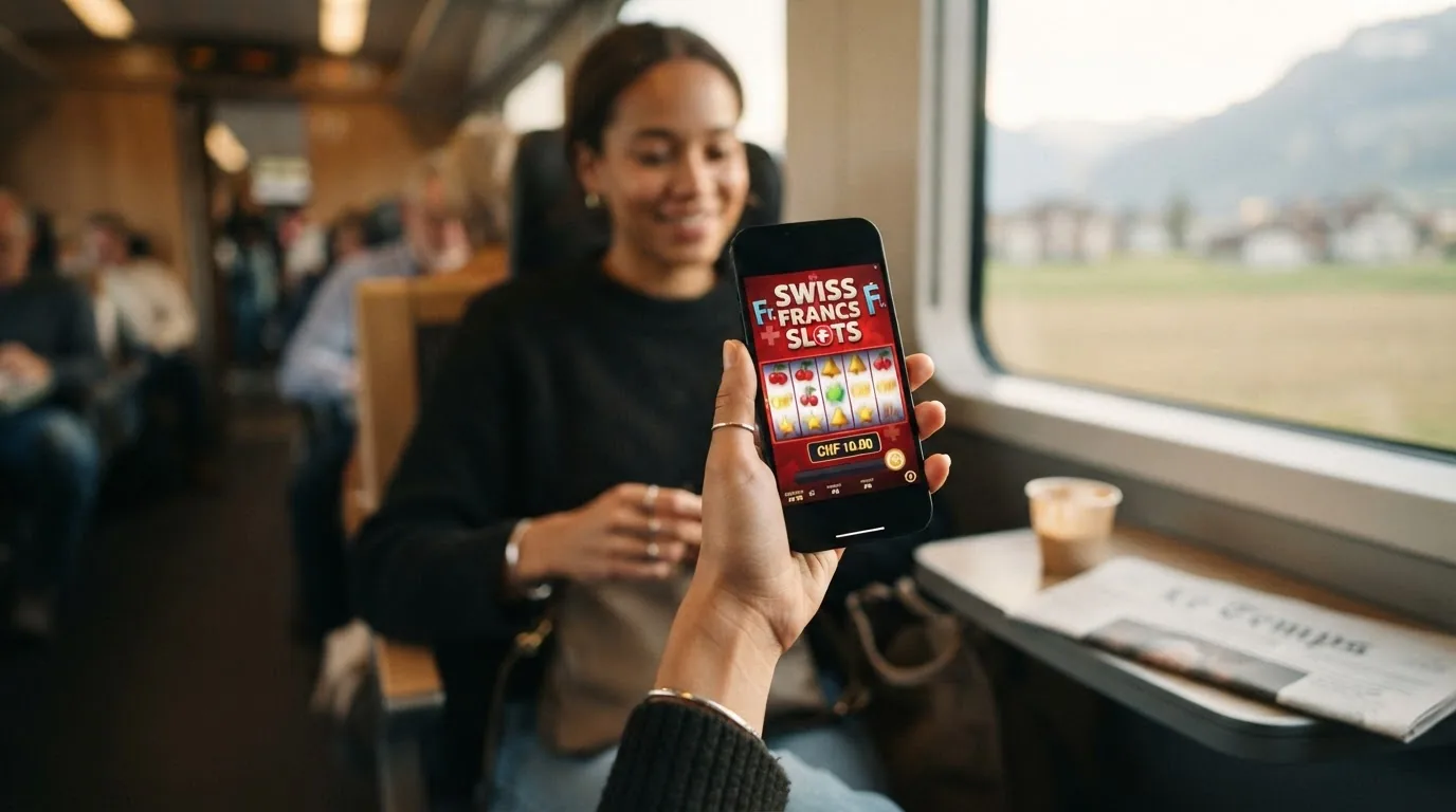 Smartphone in der Hand mit geöffnetem Casino-Spiel auf dem Bildschirm, im Hintergrund eine Zug- oder Café-Umgebung