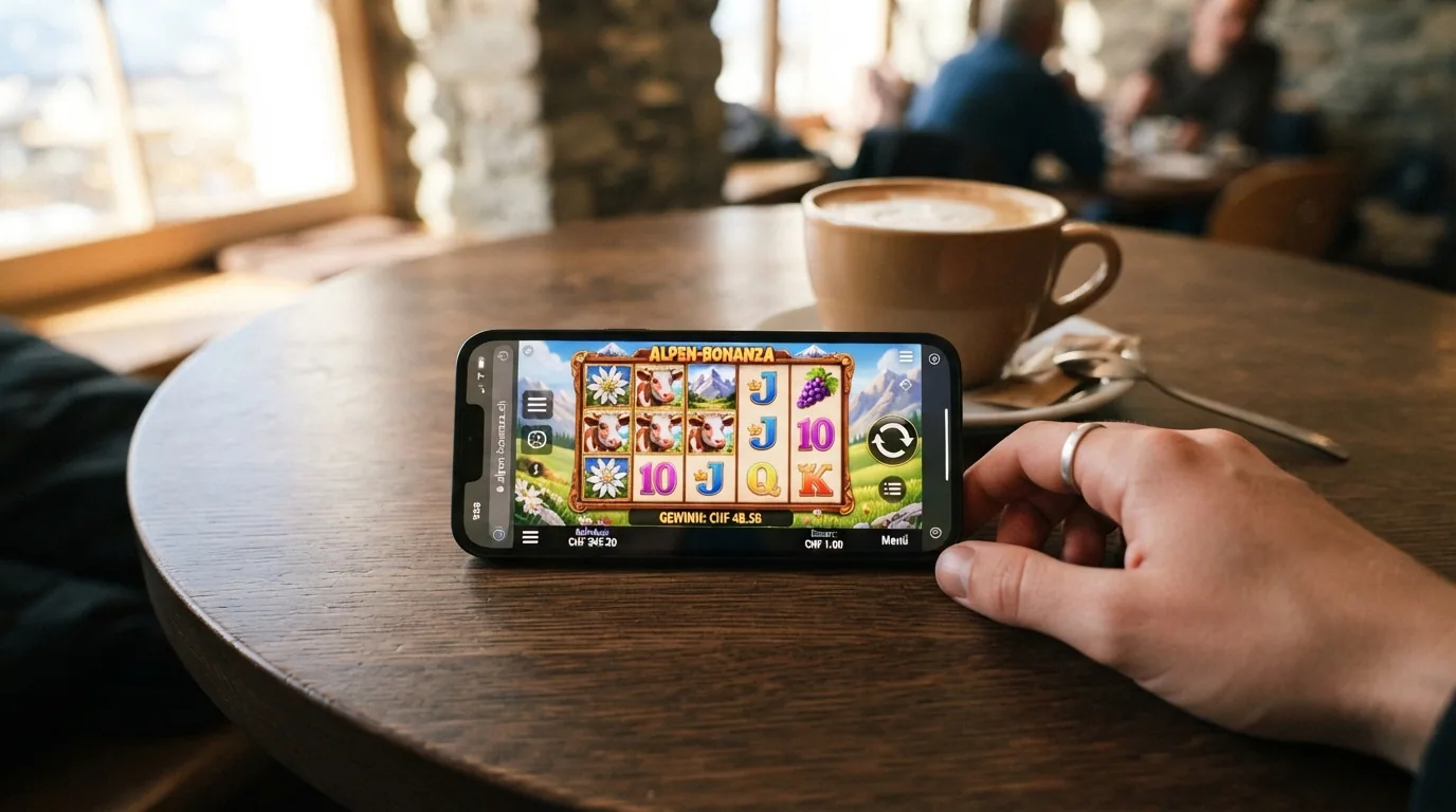Ein Smartphone mit geöffnetem mobilen Browser zeigt einen Casino-Spielautomaten — keine App installiert