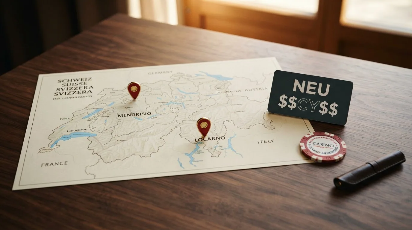 Eine stilisierte Schweiz-Karte mit Pins an den Standorten der zwei jüngsten Casino-Lizenznehmer (Mendrisio und Locarno), daneben ein «NEU 2026»-Badge