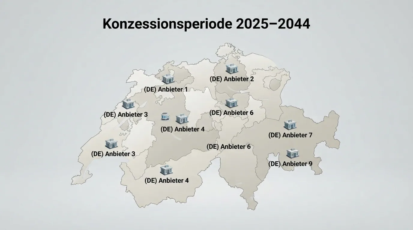 Schematische Darstellung der Schweizer Casino-Landschaft 2026: zehn lizenzierte Spielbanken, neue Konzessionsperiode