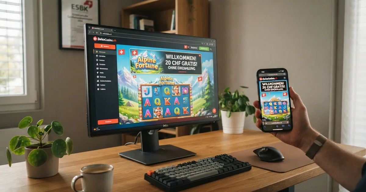 Eine Collage aus Schweizer Online-Casino-Startbildschirmen mit hervorgehobenen No-Deposit-Bonus-Bannern auf einem Desktop-Bildschirm und einem Smartphone
