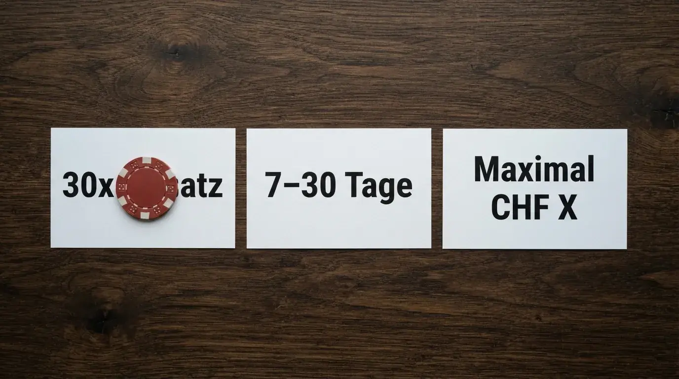 Drei nebeneinanderliegende Kacheln mit den drei zentralen Bonusbedingungen: Umsatzbedingung (30x), Gültigkeitsdauer (7–30 Tage) und Höchstauszahlung (variabel)