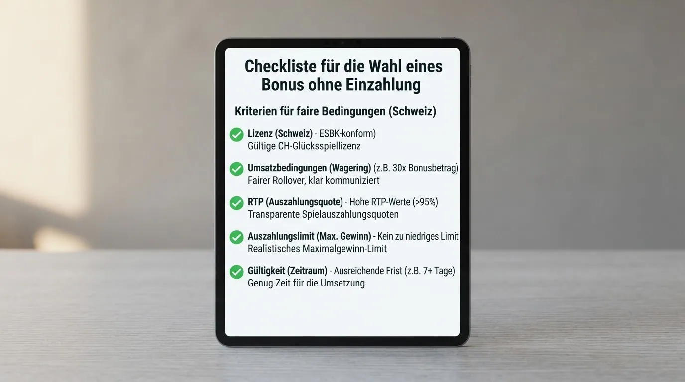 Eine Checkliste mit fünf Kriterien – Lizenz, Umsatzbedingungen, RTP, Auszahlungslimit, Gültigkeit – und ein grüner Haken neben jedem Punkt