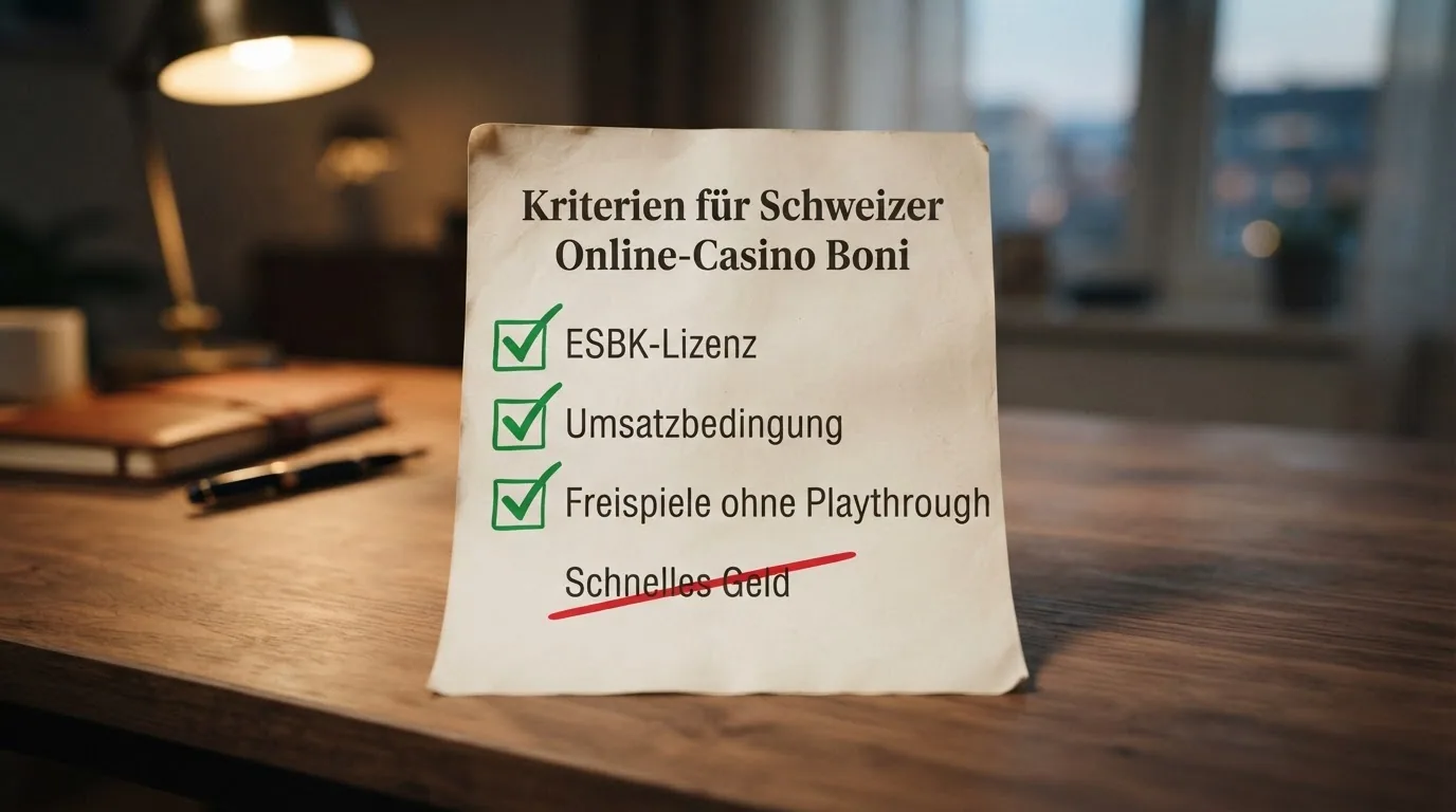 Eine Checkliste mit drei abgehakten Punkten (ESBK-Lizenz, Umsatzbedingung, Freispiele ohne Playthrough) und einem durchgestrichenen Punkt (Schnelles Geld)