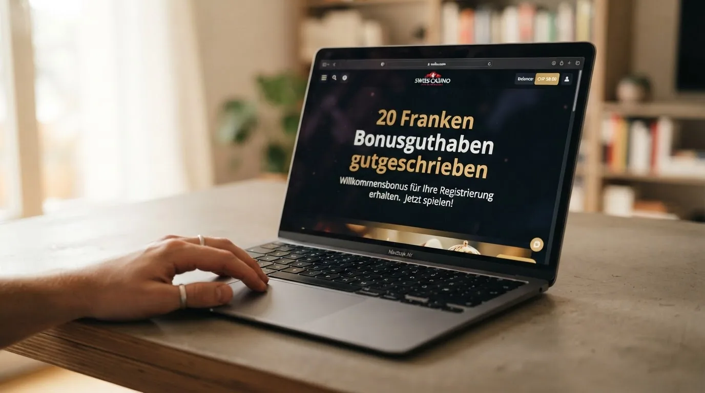 Der Bildschirm eines Online-Casinos mit der Anzeige «20 Franken Bonusguthaben gutgeschrieben» und einem grünen Häkchen neben der Bestätigung.