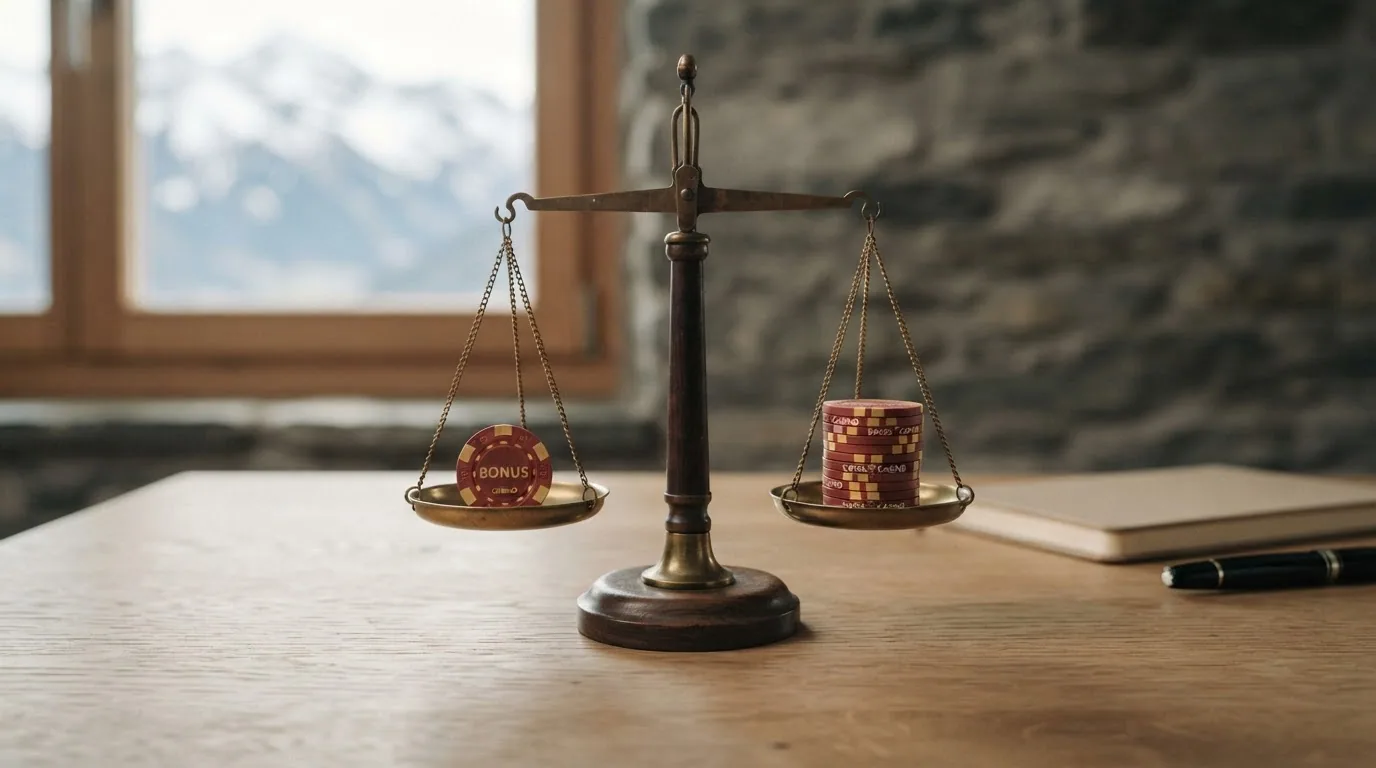 Symbolbild einer Waage mit Bonus-Angebot auf der einen und Vertragsbedingungen auf der anderen Seite