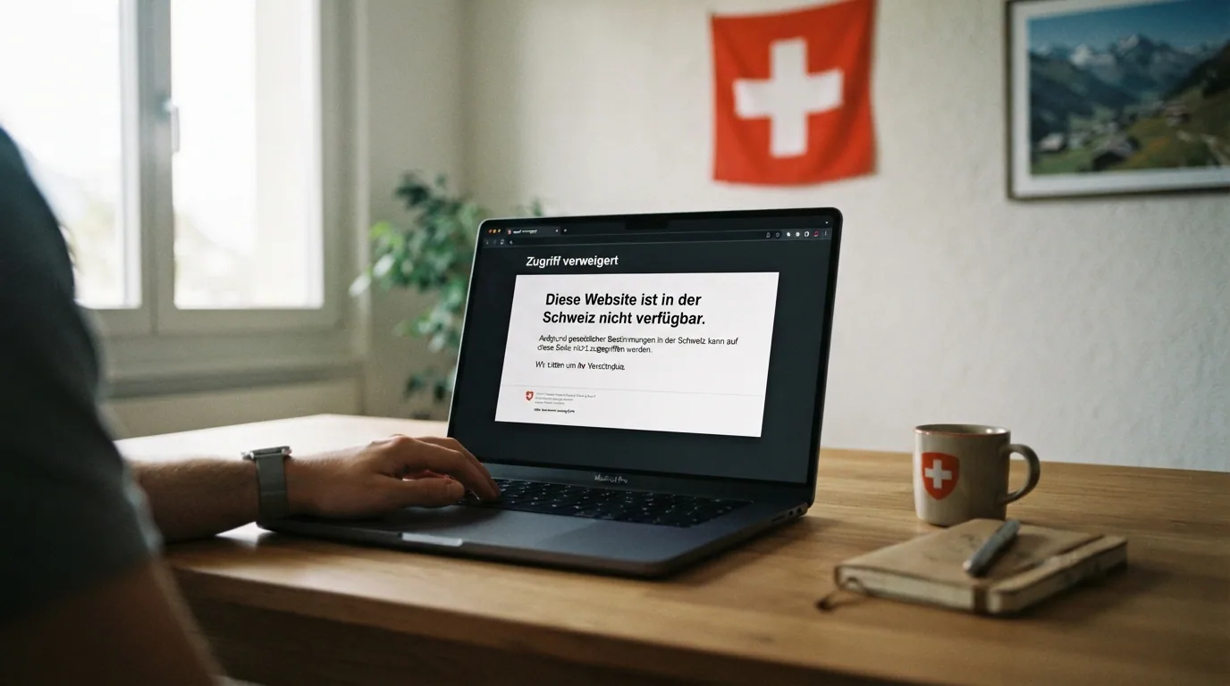 Bildschirmfoto einer Browser-Sperrseite: «Diese Website ist in der Schweiz nicht verfügbar» — die DNS-Sperrmeldung, die CH-ISPs für nicht bewilligte Glücksspiel-Domains anzeigen