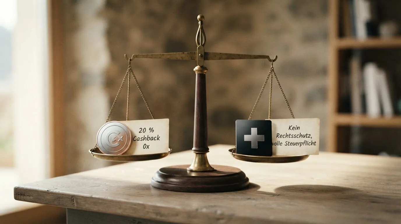 Eine stilisierte Waage: links Bitcoin-Symbol und «20 % Cashback 0x», rechts Schweizer Kreuz und «Kein Rechtsschutz, volle Steuerpflicht» — die Waage neigt sich nach rechts