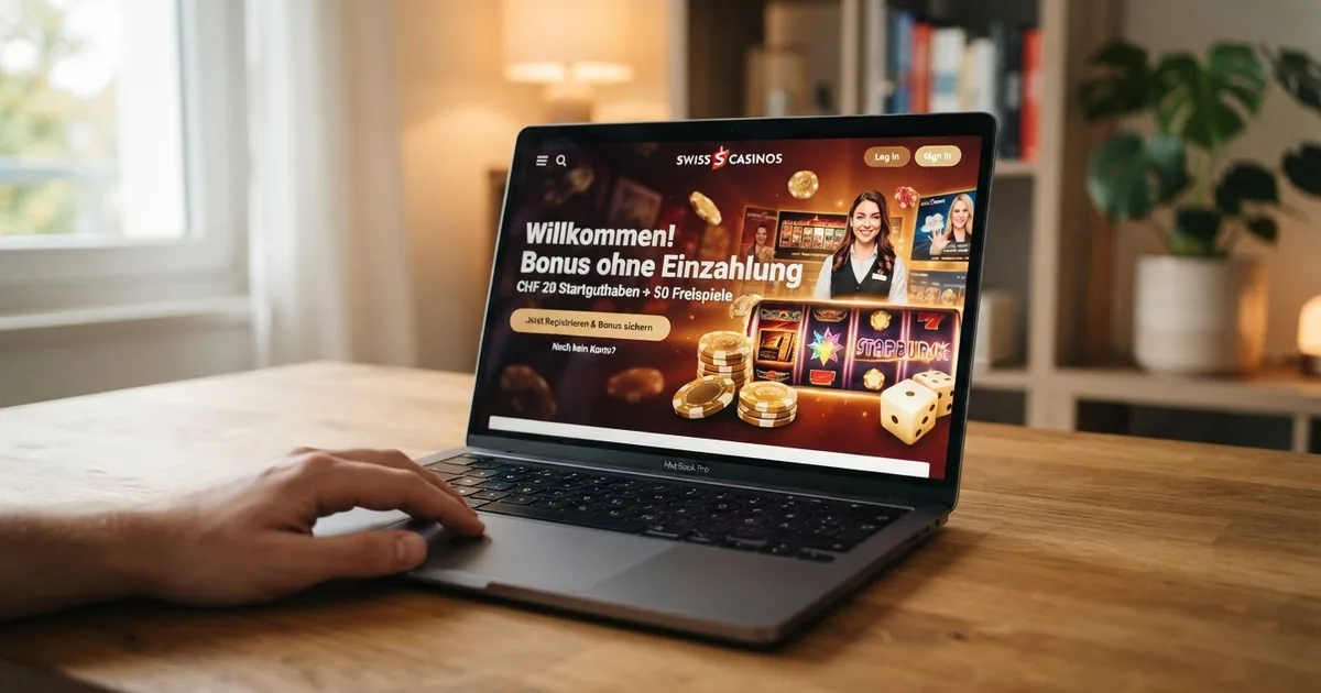 Ein Schweizer Online-Casino-Willkommensbildschirm mit hervorgehobenem «Bonus ohne Einzahlung»-Angebot auf einem Laptop-Display