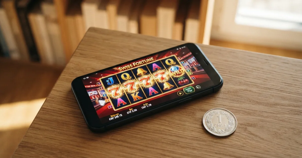 Eine digitale Illustration einer Online-Casino-Bonuskachel mit Schweizer Flagge und den Begriffen «Gutscheincode», «Bonuscode» und «Click & Claim» auf einem Smartphone-Display