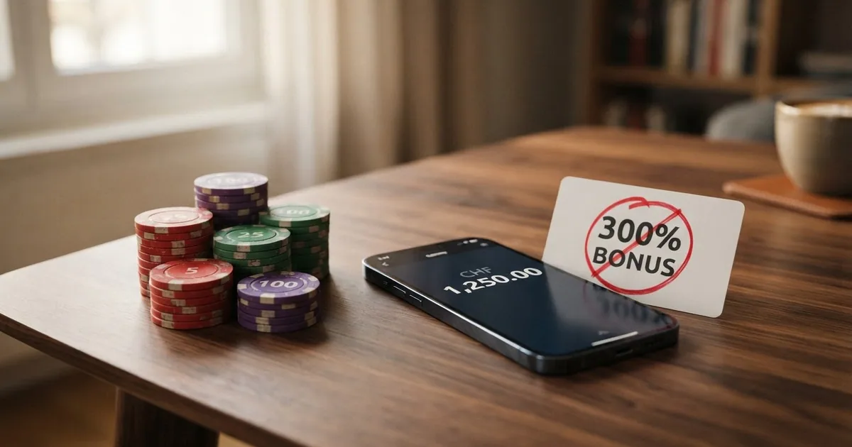 Ein Stapel Schweizer Franken-Noten neben einem Smartphone mit geöffneter Casino-Seite und einem durchgestrichenen «300%»-Schriftzug