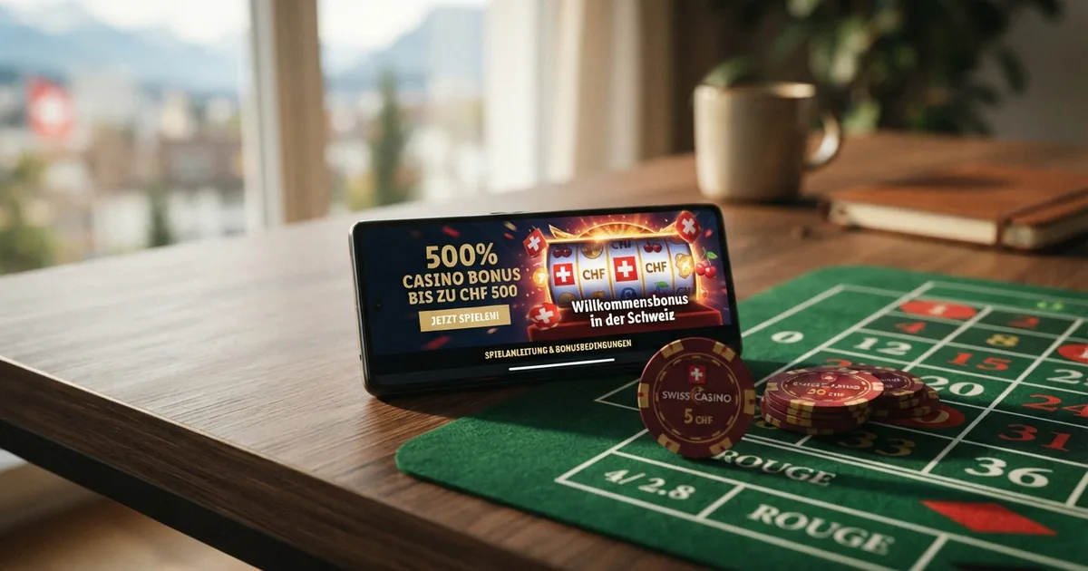 Ein Spielautomat mit leuchtendem Bildschirm, daneben ein Stapel Schweizer Franken-Noten und ein Smartphone mit geöffneter Casino-Seite