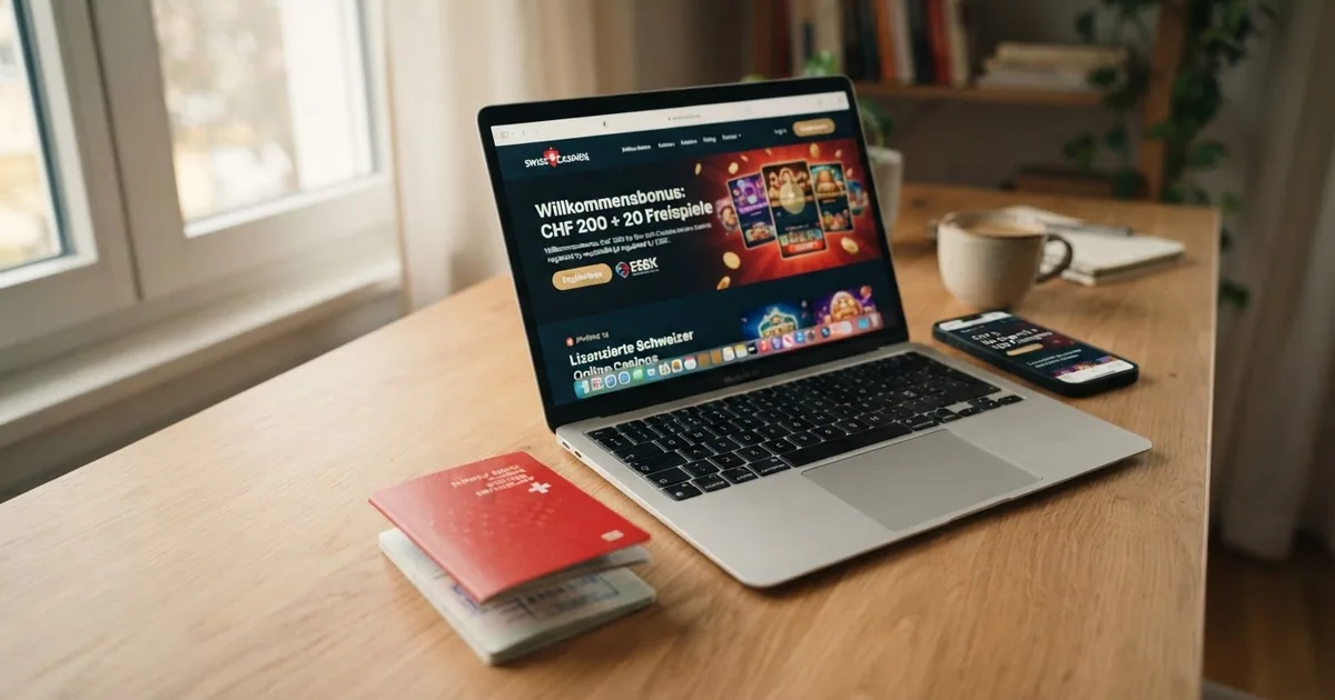 Ein Smartphone und ein Laptop zeigen die Startseiten von drei Schweizer Online-Casinos mit Bonusangeboten in CHF, daneben liegt ein Schweizer Pass