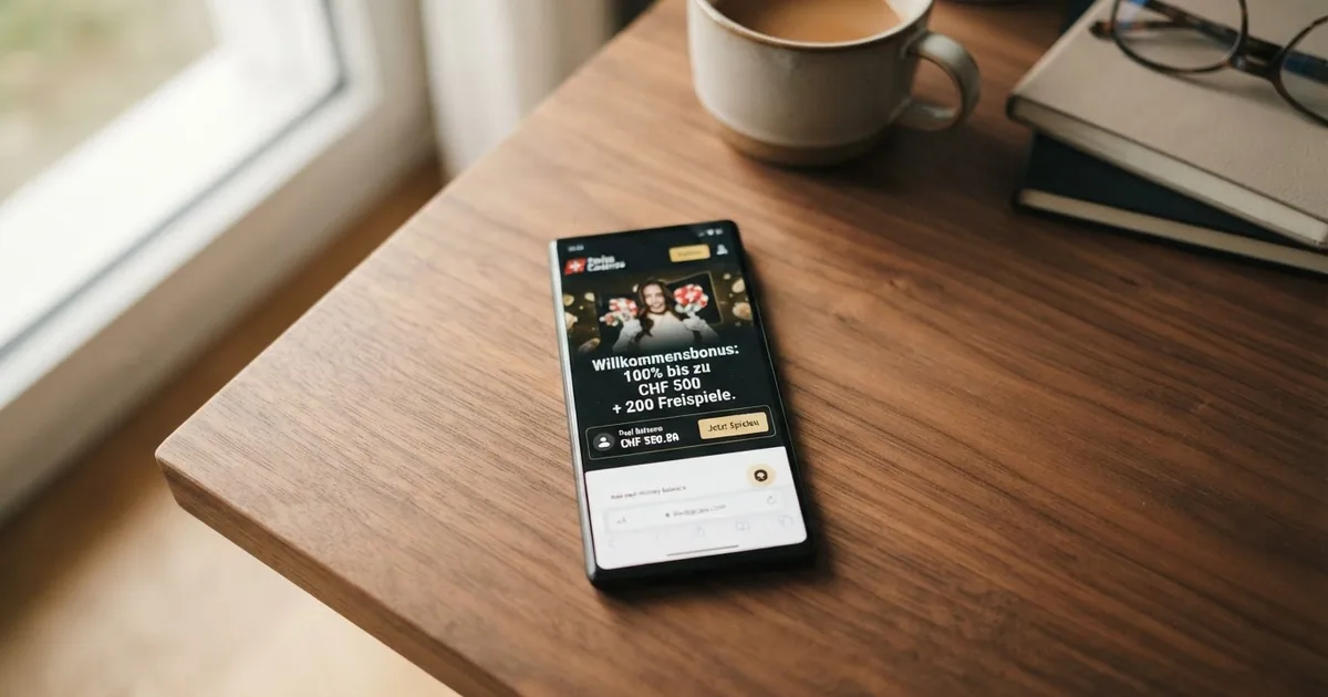 Nahaufnahme eines Smartphones mit geöffneter Schweizer Casino-App, auf dem Bildschirm ist ein Willkommensbonus-Angebot mit CHF-Betrag zu sehen