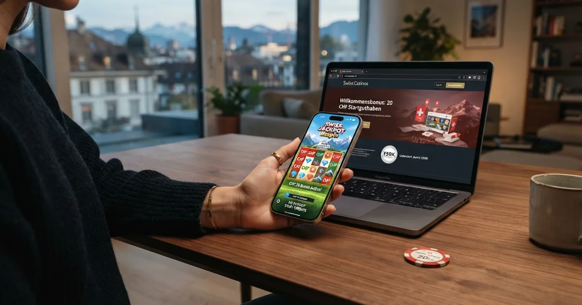Eine Übersicht der Startseiten mehrerer Schweizer Online-Casinos auf einem Bildschirm, mit hervorgehobenem Bonus-Bereich