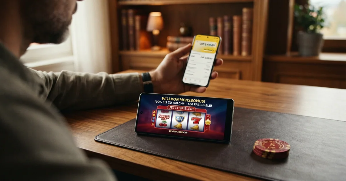 Schweizer Online-Casino-Willkommensbonus als Vergleichstabelle mit CHF-Noten und Spielkarten auf einem Bildschirm dargestellt