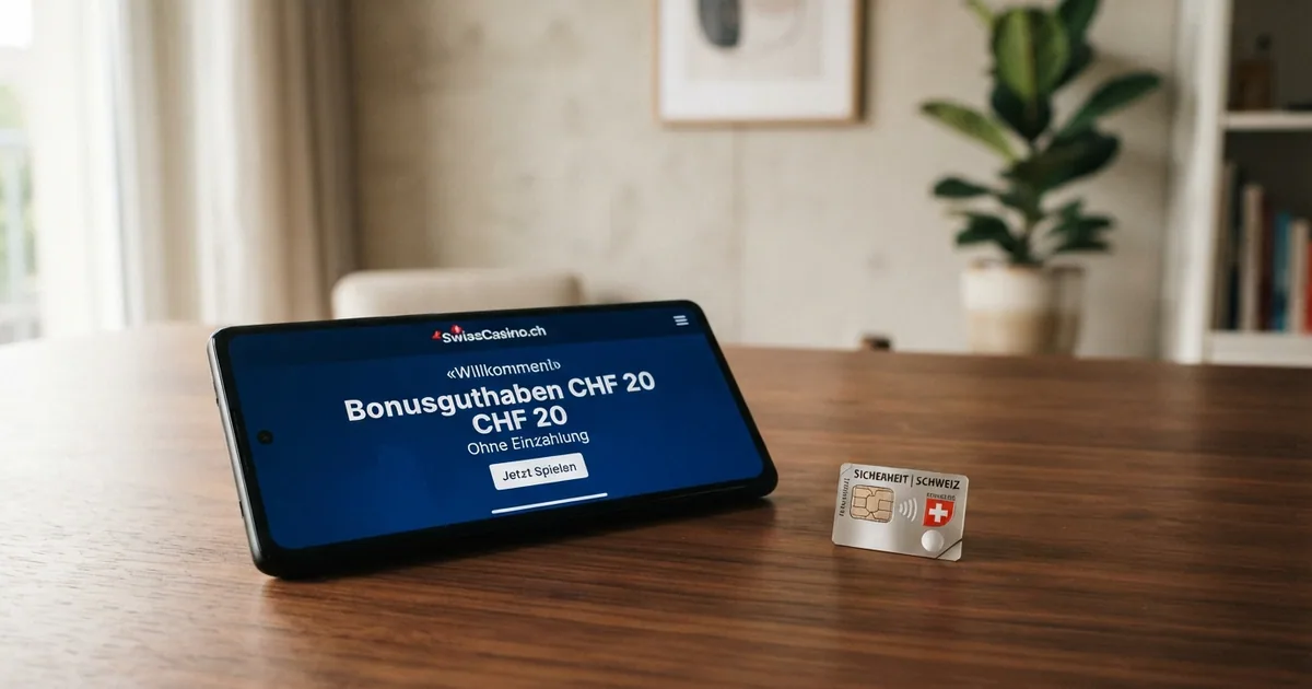 Ein Schweizer Online-Casino-Willkommensbonus ohne Einzahlung, dargestellt auf einem Bildschirm mit der Aufschrift «Bonusguthaben CHF 20» und einem Schloss-Symbol für die Umsatzbedingungen