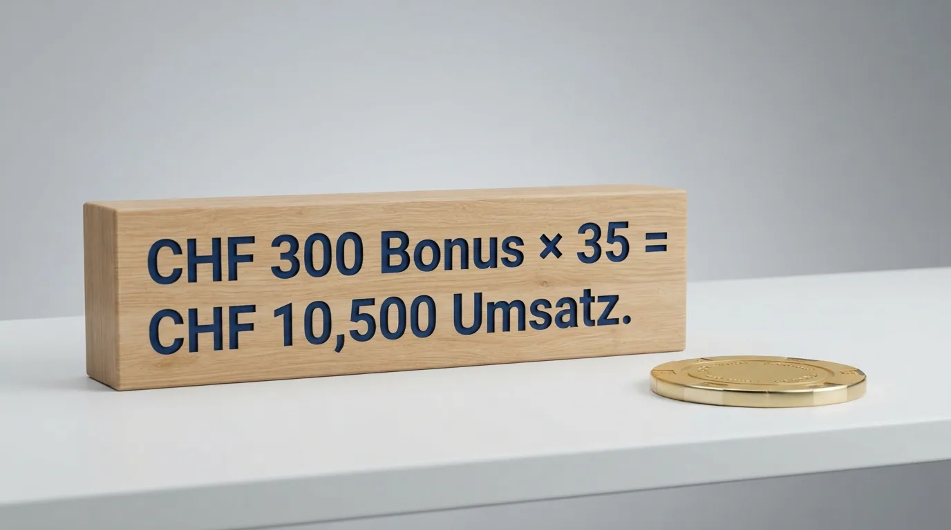 Eine schematische Darstellung der Umsatzbedingungen-Berechnung mit Bonusbetrag, Multiplikator und resultierendem Pflichtumsatz
