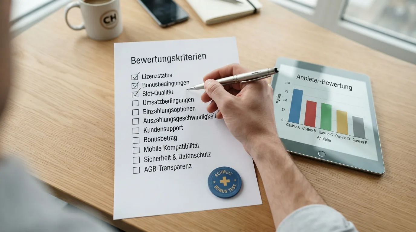 Checkliste mit den Bewertungskriterien Lizenz, Bonusbedingungen, Slot-Qualität und Spielerschutz auf einem Schreibtisch