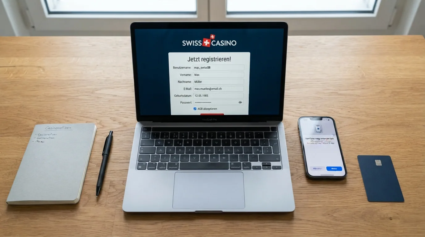 Bildschirm mit dem Registrierungsformular eines Schweizer Online-Casinos, daneben eine Schweizer Identitätskarte zur Veranschaulichung des Verifizierungsprozesses