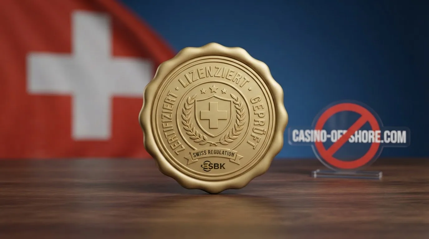 Schweizer Gesetzestext mit ESBK-Logo und einer durchgestrichenen Offshore-Casino-URL als Symbol für DNS-Sperren