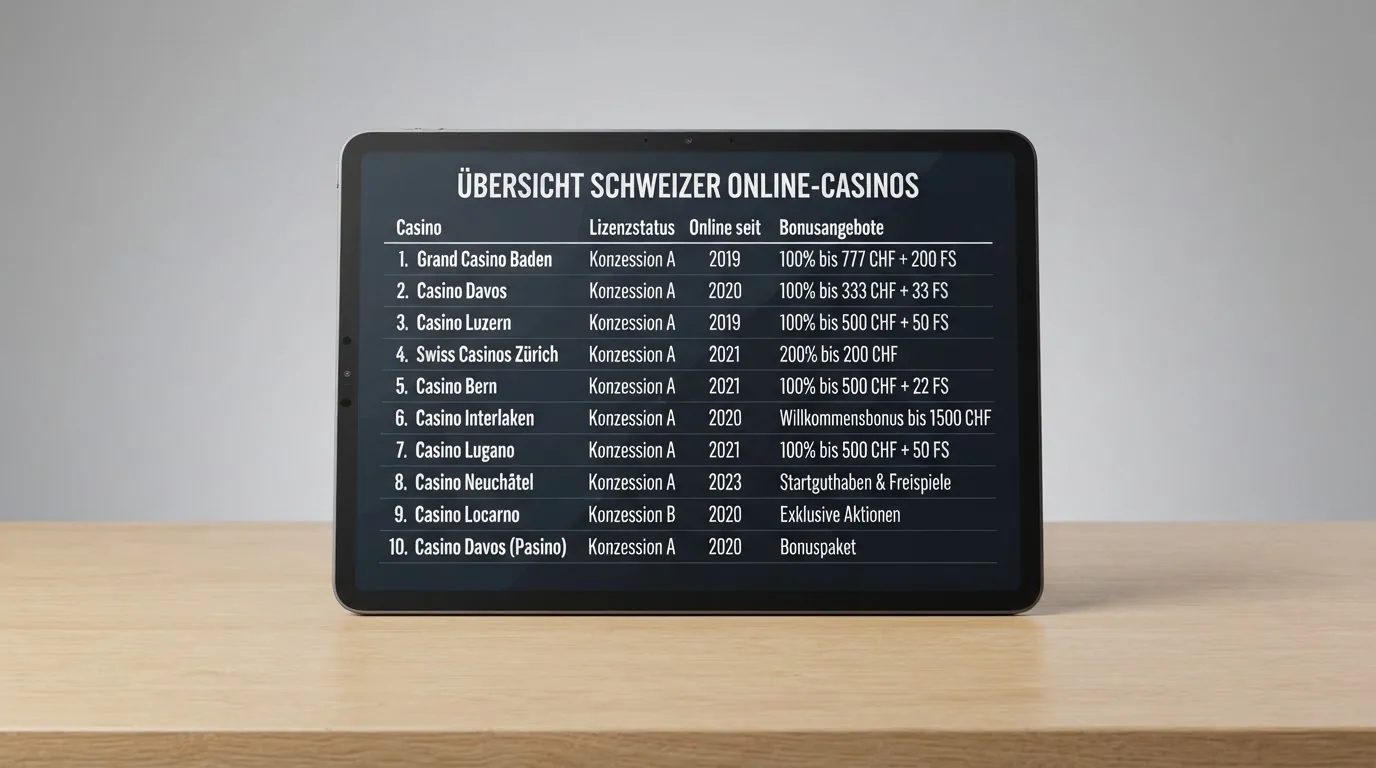 Tabelle mit Logos und Kennzahlen von zehn ESBK-lizenzierten Schweizer Online-Casinos