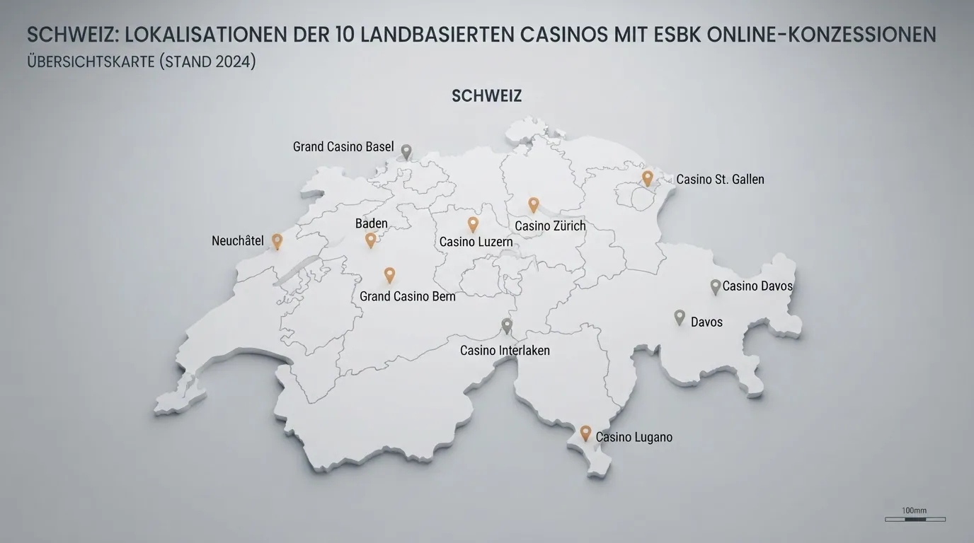 Eine stilisierte CH-Landkarte mit den Standorten der zehn landbasierten Spielbanken, deren Online-Erweiterungen Merkur-Slots führen könnten — Pin-Farben markieren bestätigte vs. unbestätigte Bonus-Daten