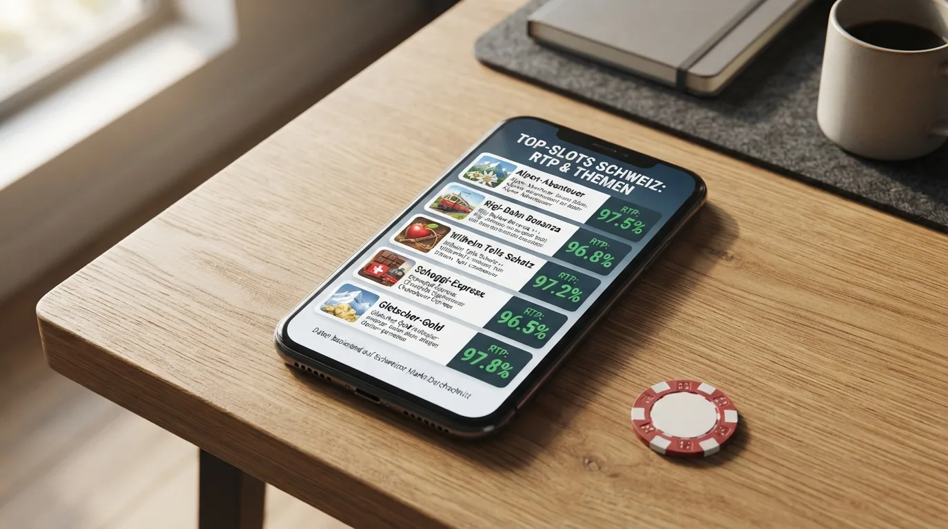 Smartphone mit geöffneter Slot-Übersicht, über den Spielsymbolen eingeblendete RTP-Prozentwerte in Schweizer Franken