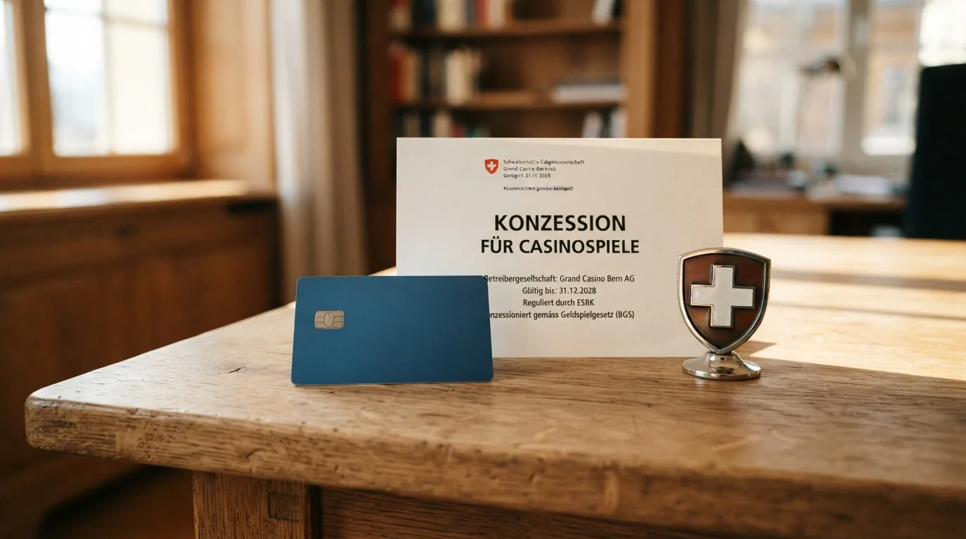 Das ESBK-Logo neben dem Wort «Konzession» und einem stilisierten Schutzschild mit Schweizer Kreuz.