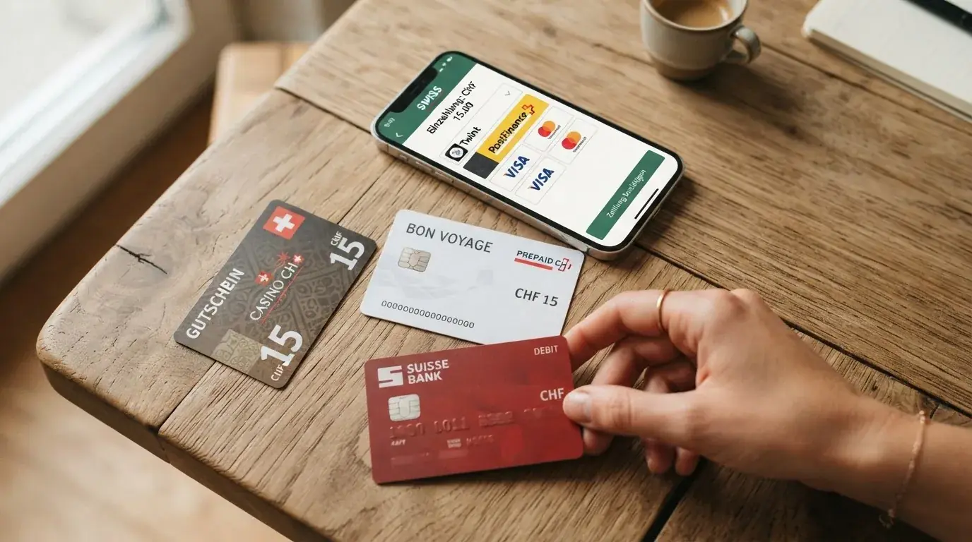 Collage aus TWINT-App-Oberfläche, Paysafecard-Karte, Neosurf-Gutschein CHF 15 und Schweizer Bankkarte auf einem Tisch arrangiert