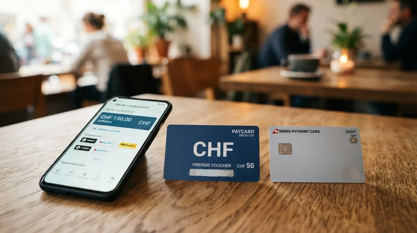 Collage Schweizer Zahlungsmittel: TWINT-Logo, PostFinance-Karte, Smartphone mit Wallet-Symbol