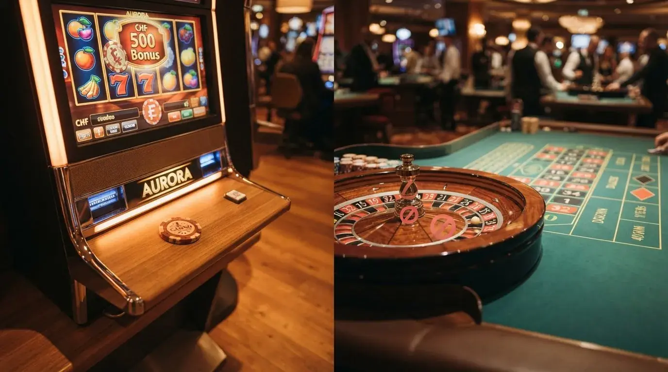 Ein geteiltes Bild: links ein Slot-Automat mit grünem Haken und «100% Beitrag», rechts ein Roulette-Tisch mit rotem Kreuz und «0% Beitrag».