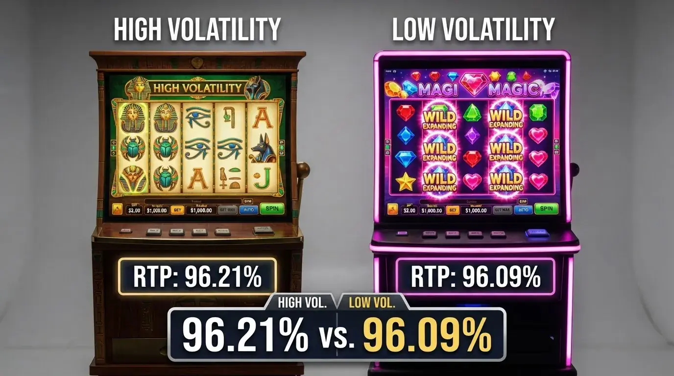 Die Walzen von Book of Dead und Starburst nebeneinander, darunter eine stilisierte Prozentanzeige (96.21% vs. 96.09%).