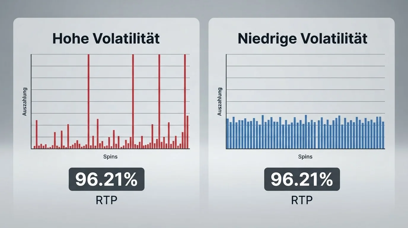 Grafische Gegenüberstellung zweier Slots mit hoher und niedriger Volatilität, beschriftet mit RTP-Wert und Schwankungsbreite