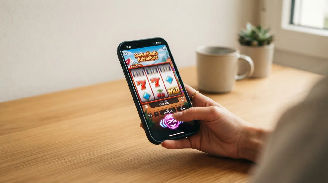 Bildschirm eines populaeren Spielautomaten mit sichtbarem Mindesteinsatz von CHF 0.20, im Hintergrund Casino-Lobby-Menue