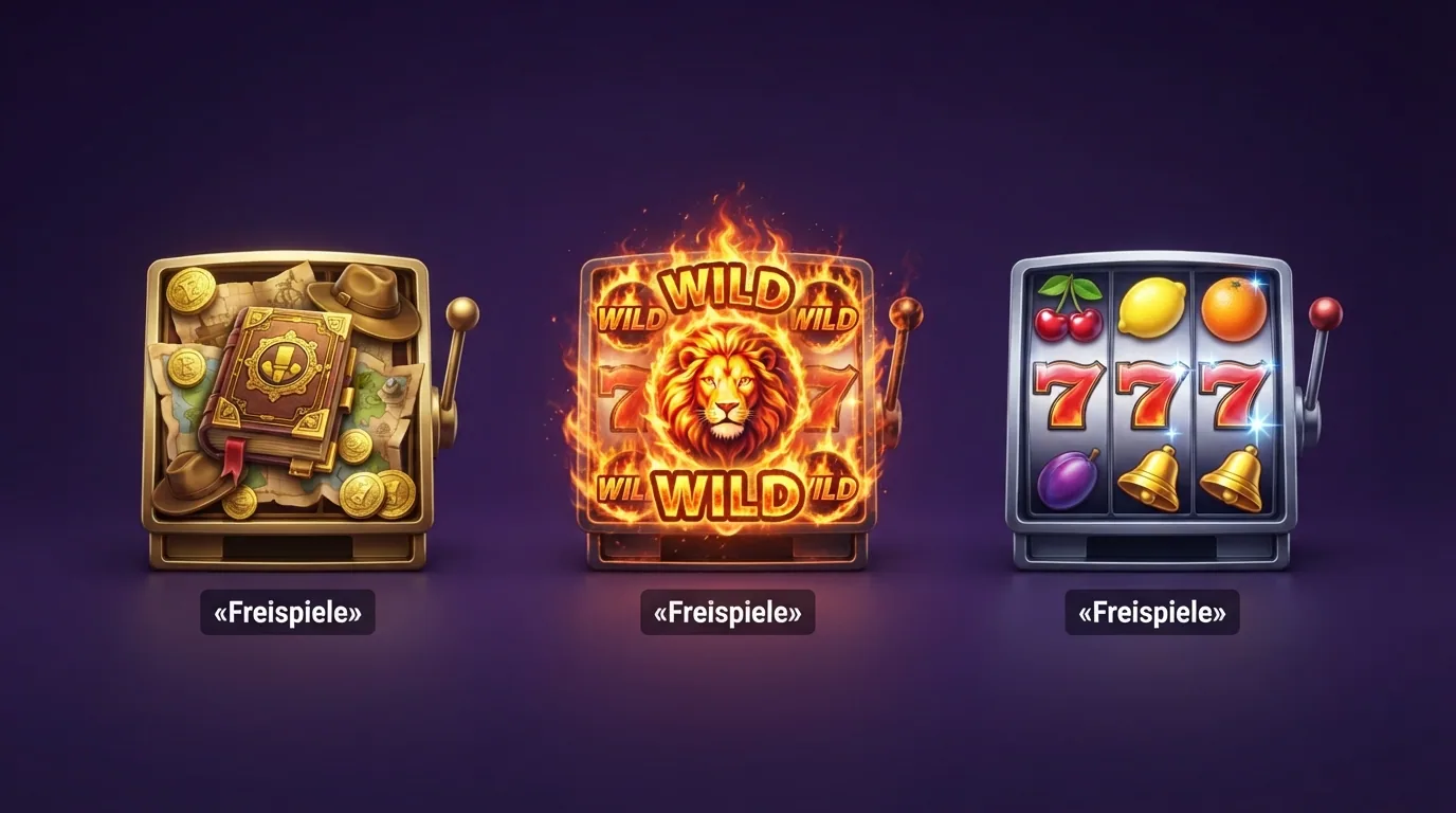Drei Slot-Titel-Icons nebeneinander: Book of Ra Deluxe, Fire Joker, und ein dritter populärer NetEnt-Slot, jeweils mit «Freispiele»-Schriftzug