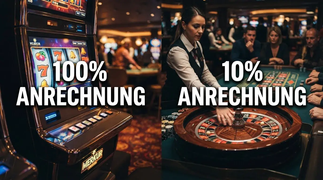 Eine geteilte Bildfläche: links eine bunte Slot-Walze mit dem Label «100% Anrechnung», rechts ein Live-Roulette-Tisch mit dem Label «10% Anrechnung»