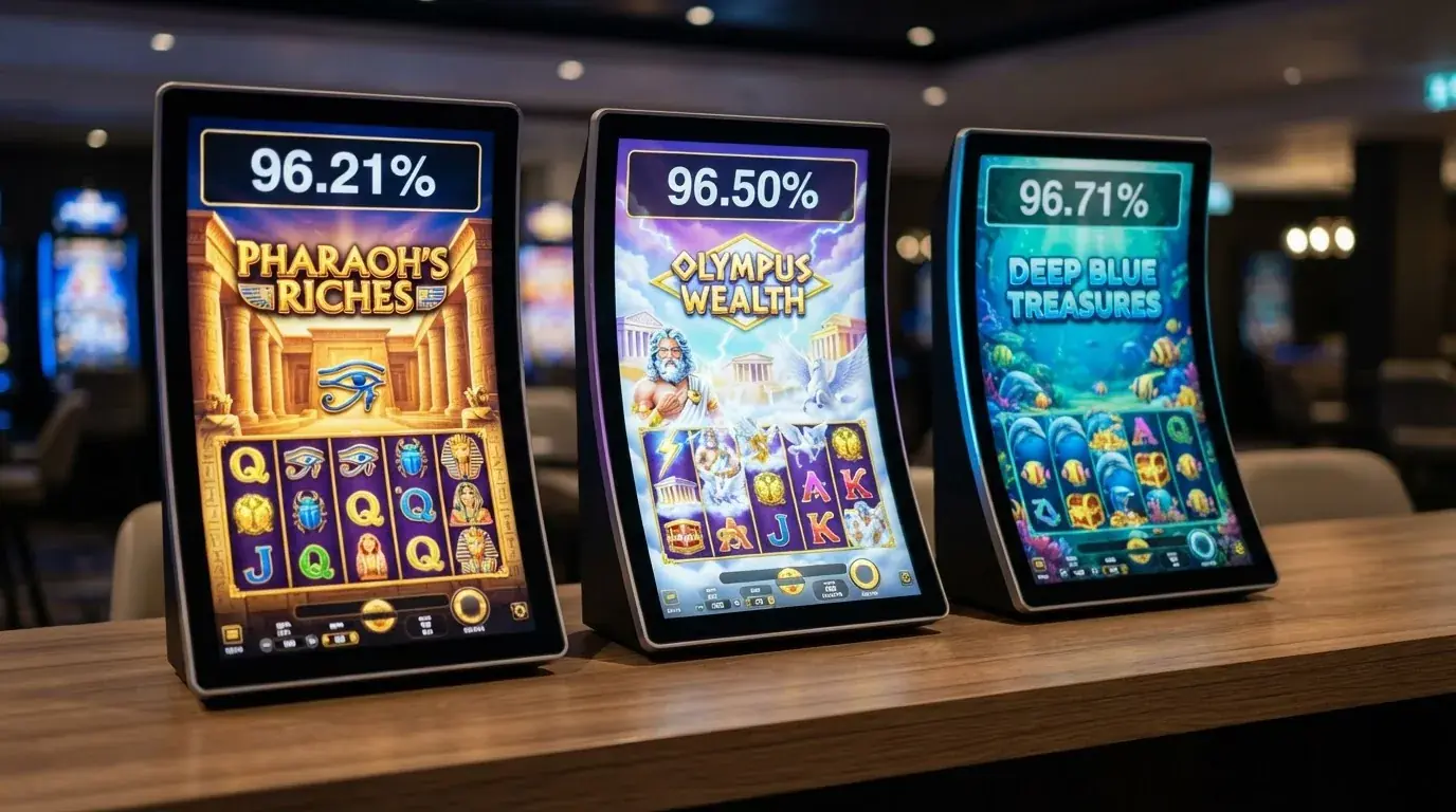 Drei Slot-Walzenbilder (Book of Dead, Gates of Olympus, Big Bass Splash) mit eingeblendeten RTP-Prozentwerten