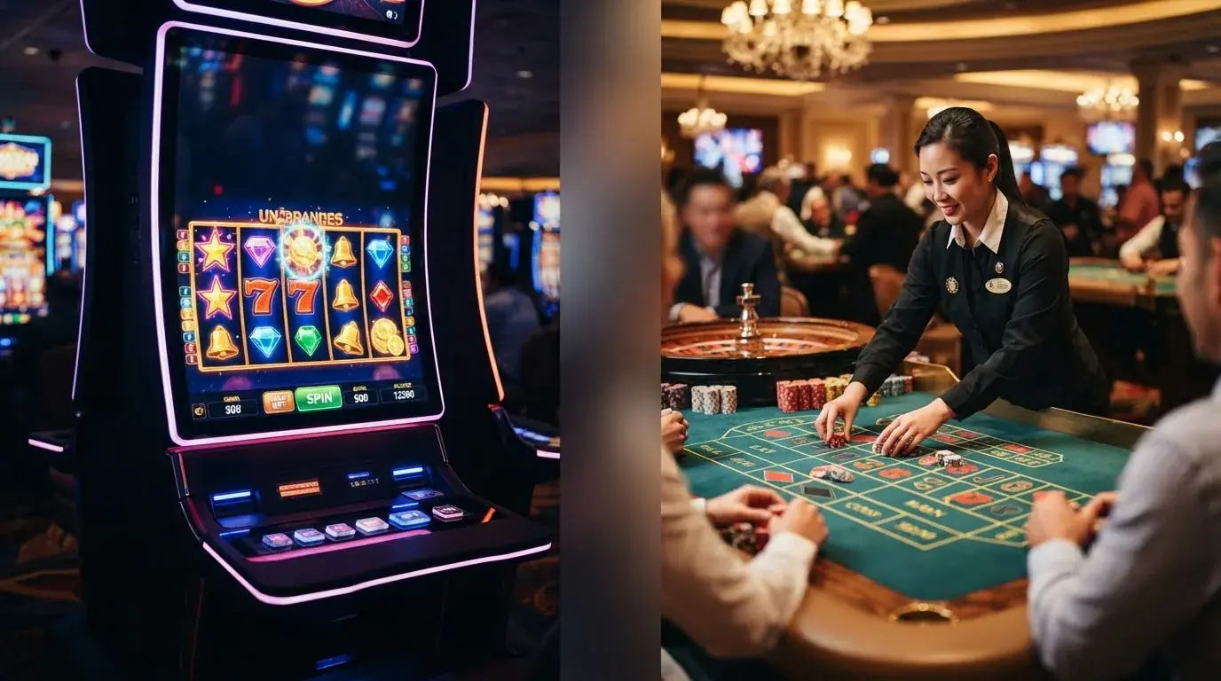 Eine geteilte Bildkomposition: links ein farbenfroher Slot-Bildschirm mit Freispiel-Animation, rechts ein gediegener Live-Roulette-Tisch mit Dealer