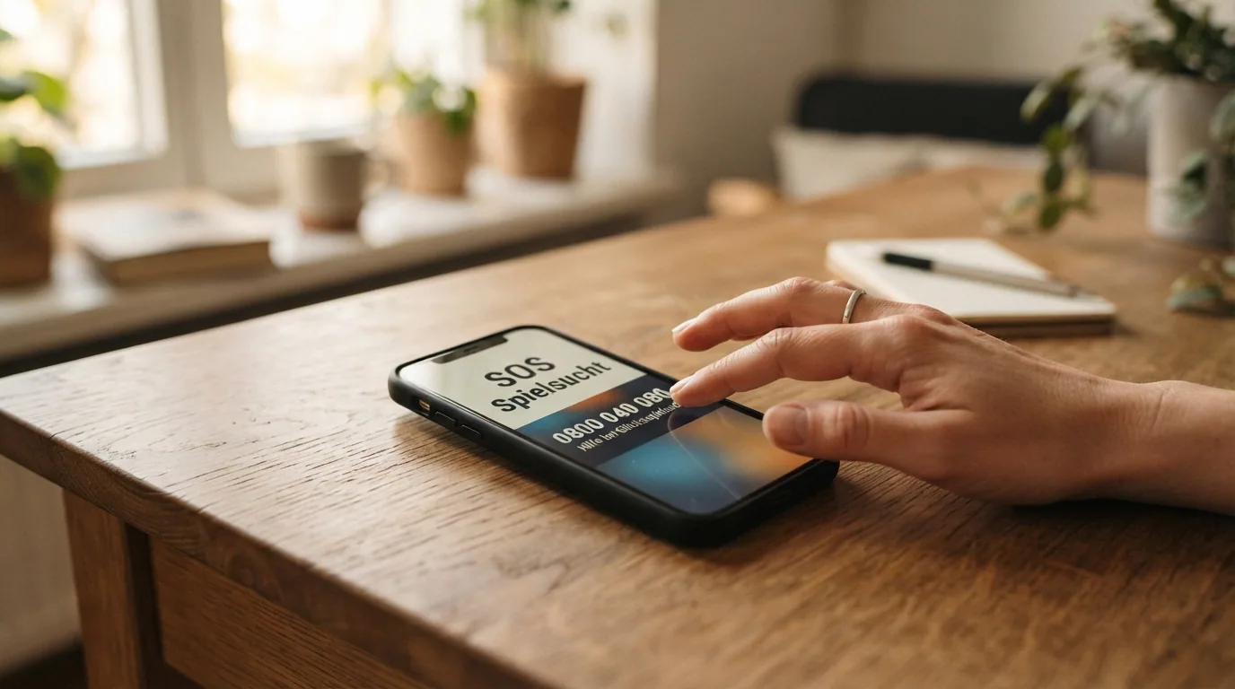Ein Telefonhörer oder Help-Button mit der Nummer 0800 040 080 und dem Schriftzug SOS Spielsucht in der schweizerischen Farbgebung