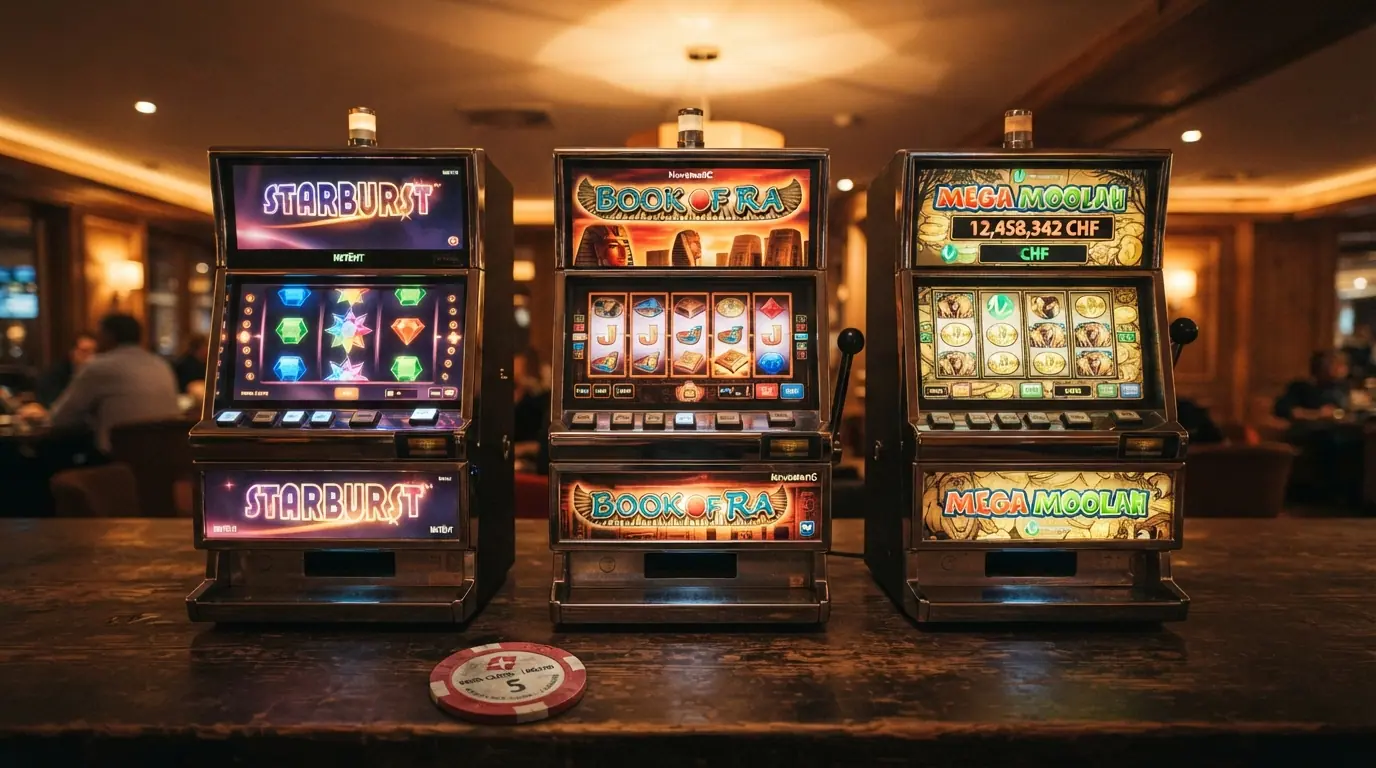Drei Spielautomaten-Walzen in einer Reihe – Starburst, Book of Dead und eine weitere Slot-Walze als Montage