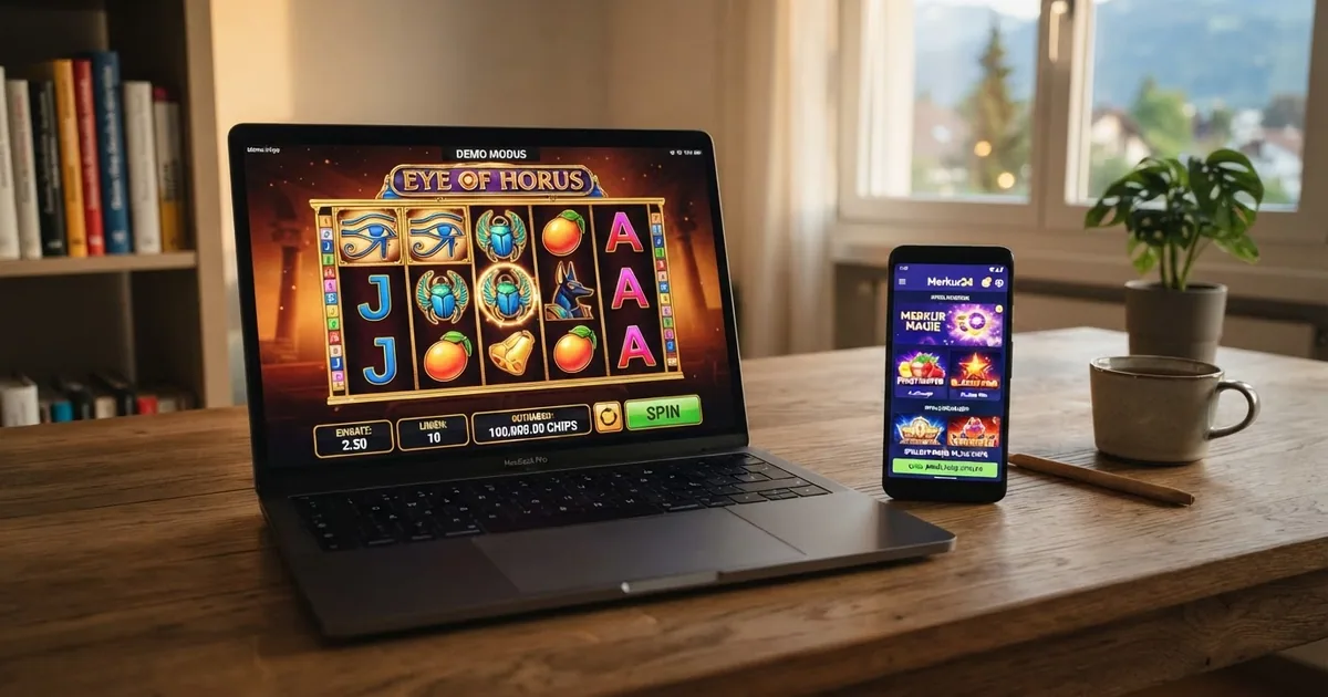 Ein geöffneter Laptop zeigt einen Merkur-Slot im Demo-Modus, daneben ein Smartphone mit der Merkur24-App — beides mit virtuellem Chip-Guthaben, keine echte Währung sichtbar